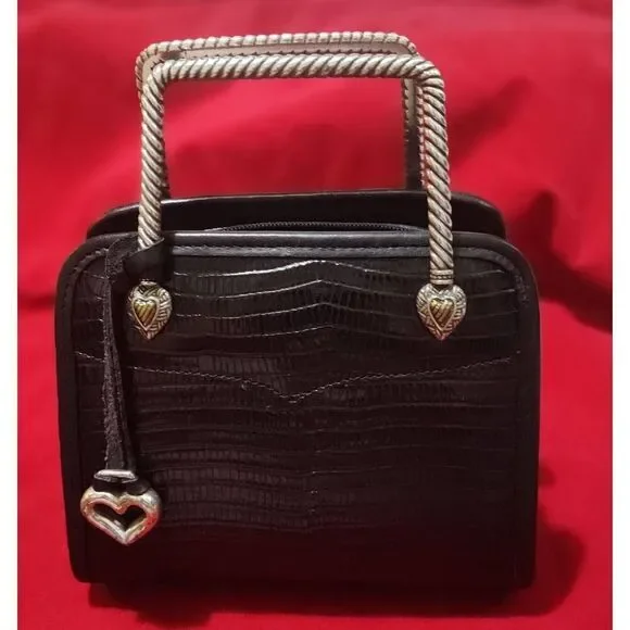 Vintage 1980s Brighton Black Croc Embossed Leather Double Metal Handle Box Purse